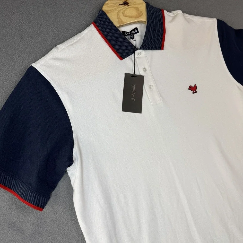 Bad Birdie Pique Golf Polo Mens XL White Dark Navy Red Shirt Short Sleeve USA - Picture 1 of 9